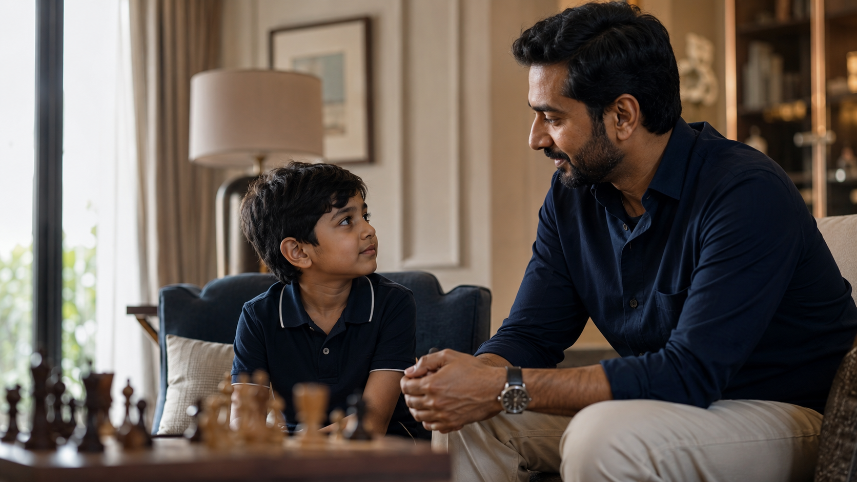 Young child learning chess with calm parent guidance