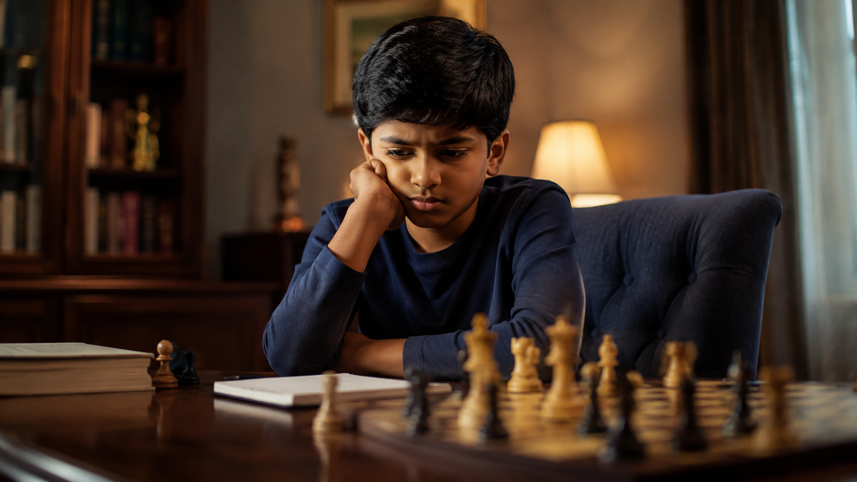 Young chess learner reflecting on repeated beginner mistakes